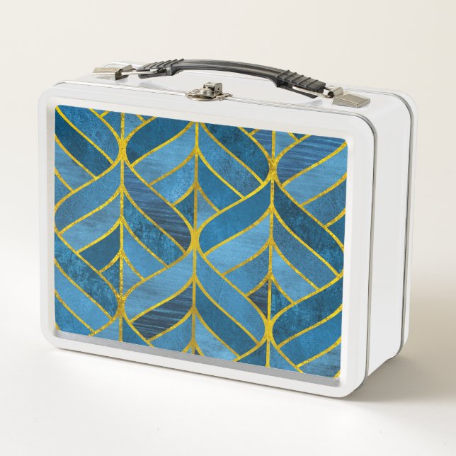 Gold Blue Grunge Pattern Metal Lunch Box (Front)