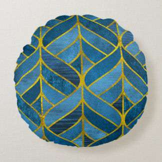 Gold Blue Grunge Pattern Round Cushion