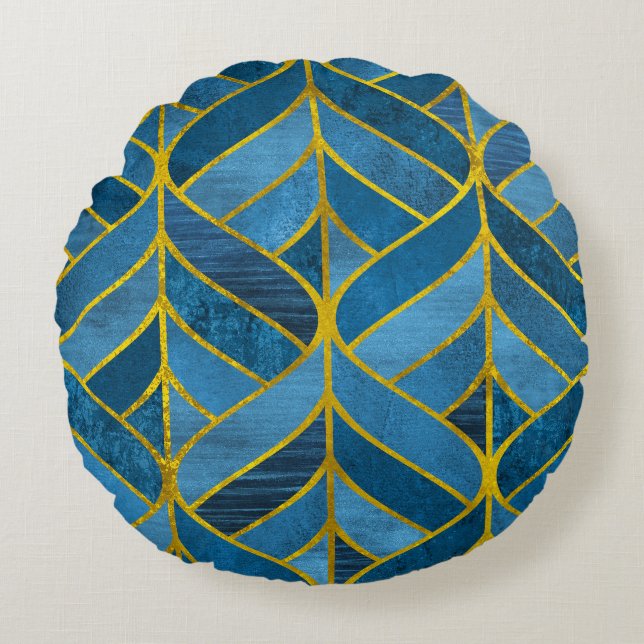 Gold Blue Grunge Pattern Round Cushion (Front)