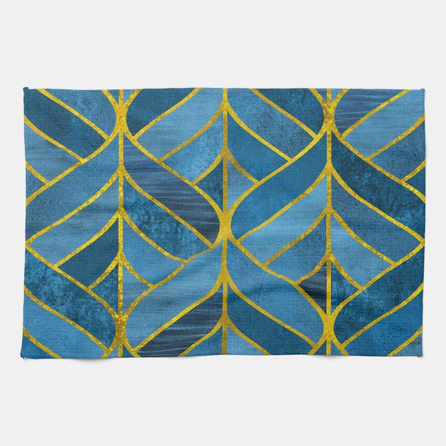 Gold Blue Grunge Pattern Tea Towel (Horizontal)