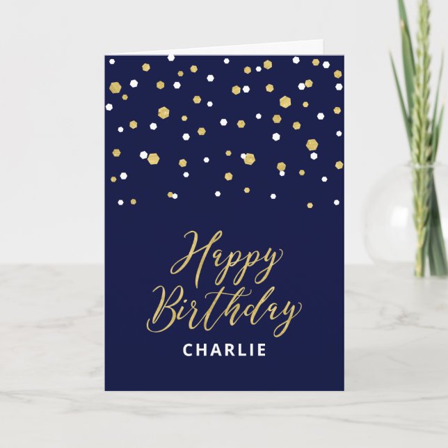 Gold & Blue Happy Birthday Custom Name Greeting Card (Front)