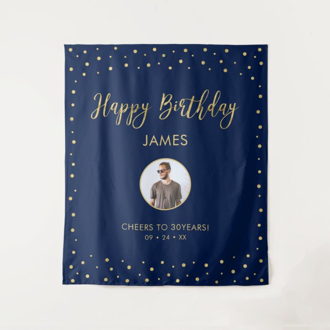 Gold & Blue | Happy Birthday Photo Tapestry (Front)