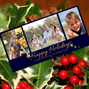 Gold & Blue Happy Holidays 3 Photo Collage Holiday Card