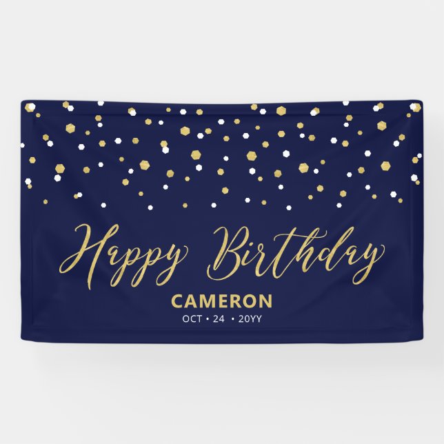 Gold Blue Hexagon Confetti Custom Happy Birthday Banner (Horizontal)