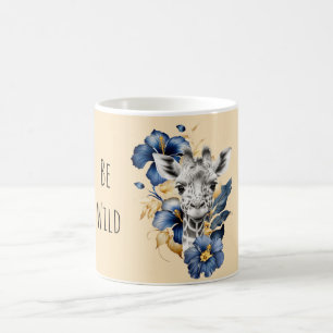 Gold Blue Hibiscus Flowers Giraffe Coffee Mug