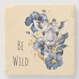 Gold Blue Hibiscus Flowers Giraffe Stone Coaster