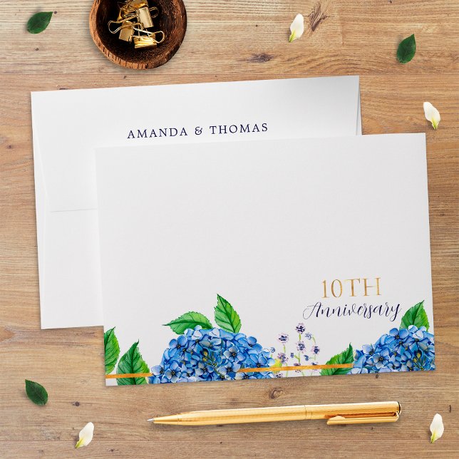Gold Blue Hydrangea 10th Wedding Anniversary Envelope (Creator Uploaded)