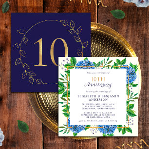Gold Blue Hydrangea 10th Wedding Anniversary Invitation