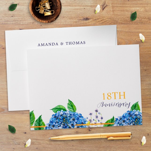Gold Blue Hydrangea 18th Wedding Anniversary Envelope (Creator Uploaded)