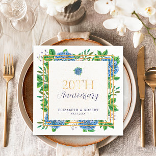 Gold Blue Hydrangea 20th Wedding Anniversary  Napkin