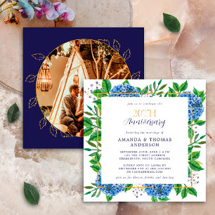 Gold Blue Hydrangea 20th Wedding Photo Anniversary Invitation