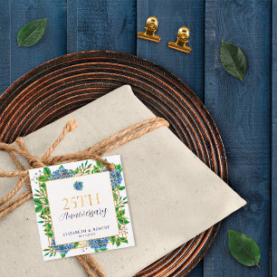 Gold Blue Hydrangea 25th Wedding Anniversary Favour Tags