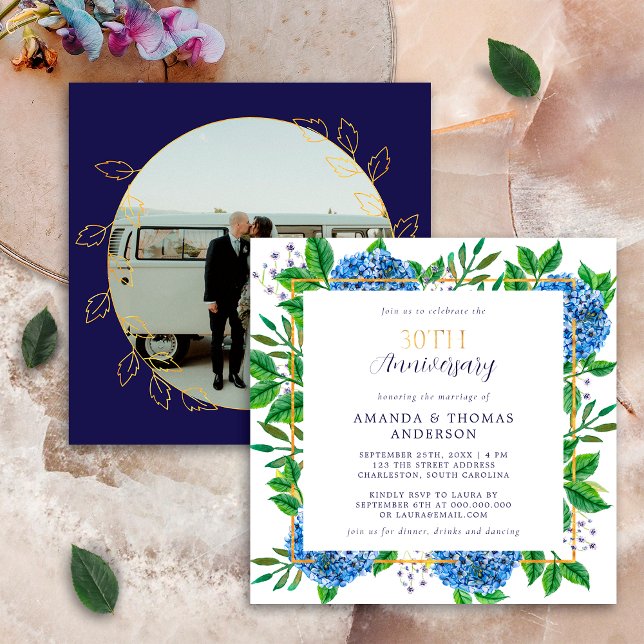 Gold Blue Hydrangea 30th Wedding Photo Anniversary Invitation (Creator Uploaded)