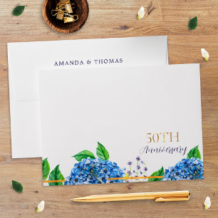 Gold Blue Hydrangea 50th Wedding Anniversary Envelope