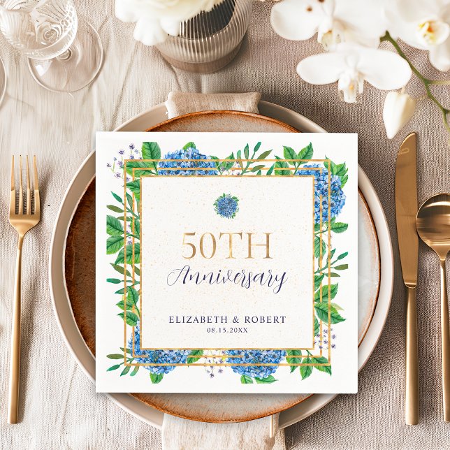 Gold Blue Hydrangea 50th Wedding Anniversary  Napkin (Creator Uploaded)