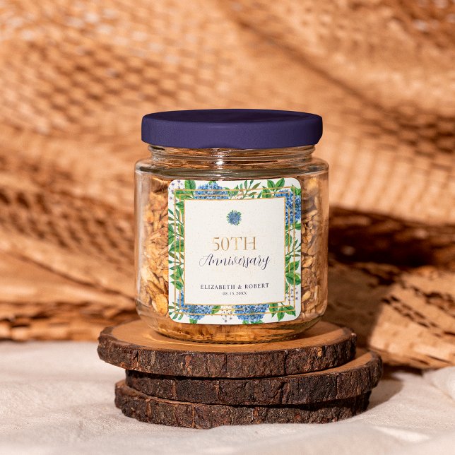 Gold Blue Hydrangea 50th Wedding Anniversary Party Square Sticker (Creator Uploaded)