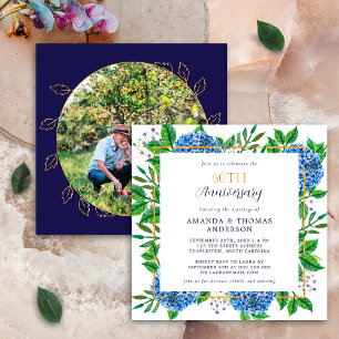 Gold Blue Hydrangea 60th Wedding Photo Anniversary Invitation