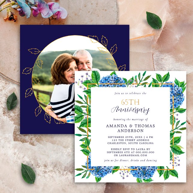 Gold Blue Hydrangea 65th Wedding Photo Anniversary Invitation (Creator Uploaded)