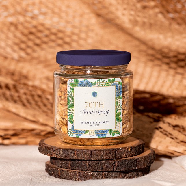 Gold Blue Hydrangea 70th Wedding Anniversary Party Square Sticker (Creator Uploaded)