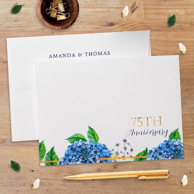 Gold Blue Hydrangea 75th Wedding Anniversary Envelope (Creator Uploaded)