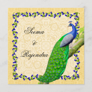 Gold Blue Indian Peacock Wedding Invitation