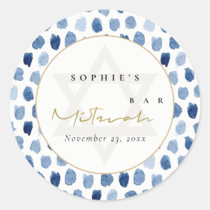 GOLD BLUE INDIGO WATERCOLOR DOTS BAR BAT MITZVAH CLASSIC ROUND STICKER