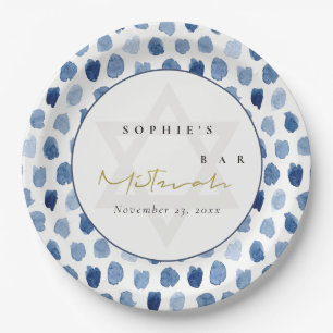 GOLD BLUE INDIGO WATERCOLOR DOTS BAR BAT MITZVAH PAPER PLATE