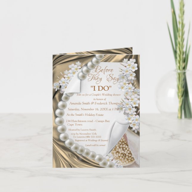 Gold,Blue, Ivory, Green Silk & Pearls Invitation (Front)