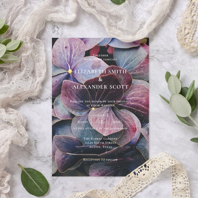 Gold Blue Lavender Purple Hydrangeas Photo Wedding Invitation (Creator Uploaded)