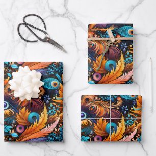 Gold Blue Leaves & Feathers Wrapping Paper Sheet