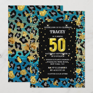 Gold blue leopard print jungle glitter 50th  invitation