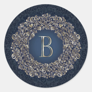 Gold Blue Letter B Fancy Damask Monogram Classic Round Sticker