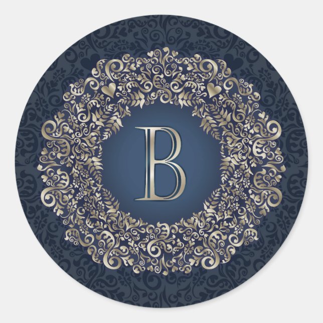 Gold Blue Letter B Fancy Damask Monogram  Classic Round Sticker (Front)