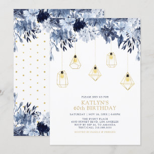Gold & Blue   Lights, Floral Adult Birthday Party Invitation