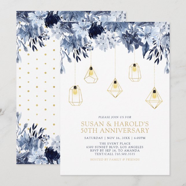Gold & Blue | Lights, Floral Wedding Anniversary Invitation (Front/Back)