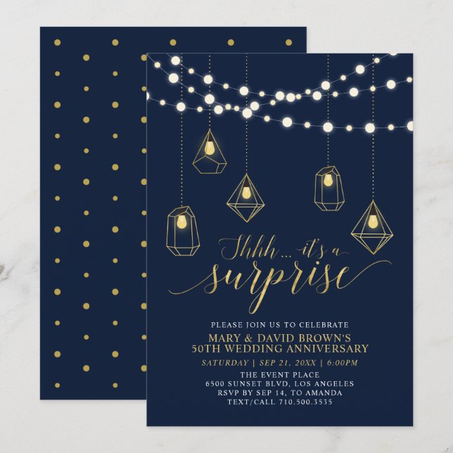 Gold & Blue Lights Surprise Wedding Anniversary Invitation (Front/Back)