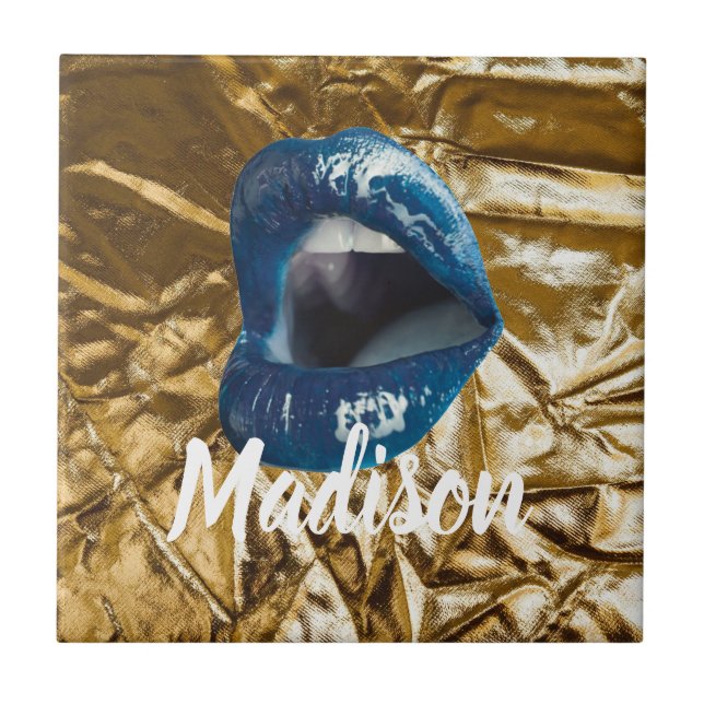 Gold Blue Lips Makeup Beauty Custom Personalised C Tile (Front)