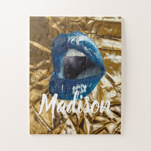 Gold Blue Lips Makeup Beauty Custom Personalised J Jigsaw Puzzle