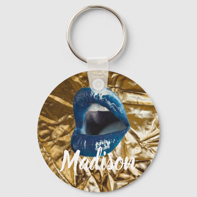 Gold Blue Lips Makeup Beauty Custom Personalised K Key Ring (Front)