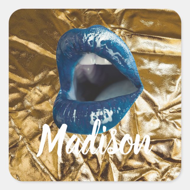 Gold Blue Lips Makeup Beauty Custom Personalised S Square Sticker (Front)