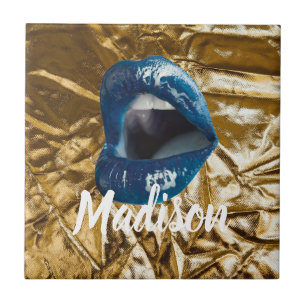Gold Blue Lips Makeup Beauty Custom Personalized C Tile