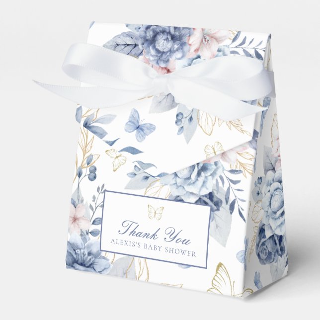 Gold & Blue Little Butterflies Boy Baby Shower Favour Box (Front Side)