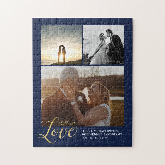 Gold & Blue Love Couple Anniversary Photo Collage Jigsaw Puzzle (Vertical)