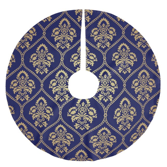 Gold & Blue: Luxury Damask Brushed Polyester Tree Skirt (Front)