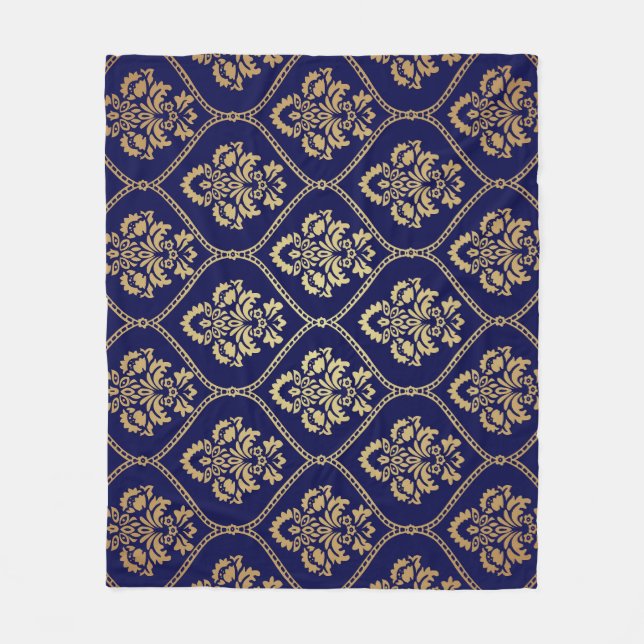 Gold & Blue: Luxury Damask Fleece Blanket (Front)