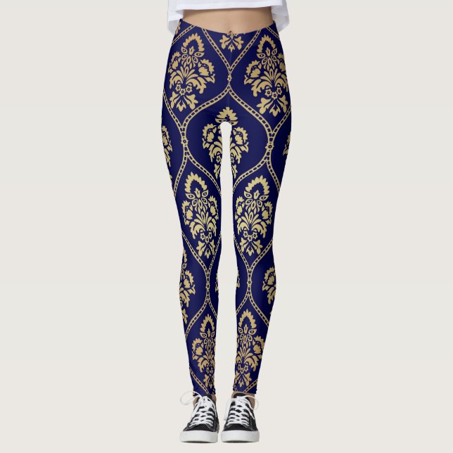 Gold & Blue: Luxury Damask Leggings (Front)