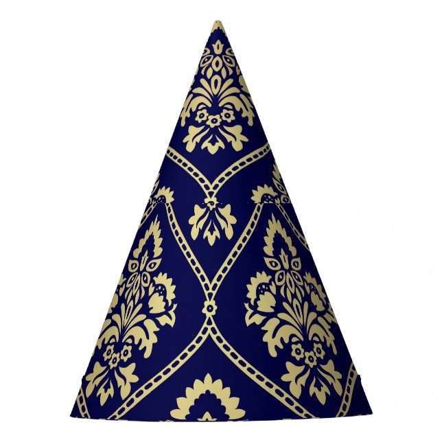 Gold & Blue: Luxury Damask Party Hat (Front)
