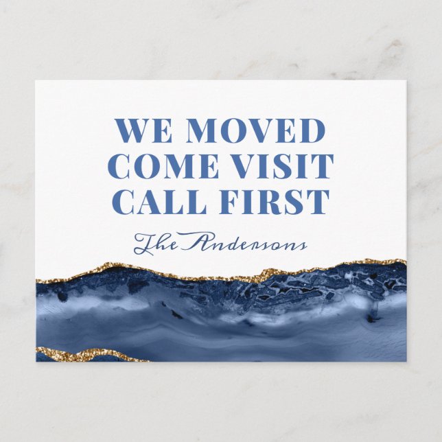 Gold Blue Marble New Address Moving Announcement Postcard (Front)