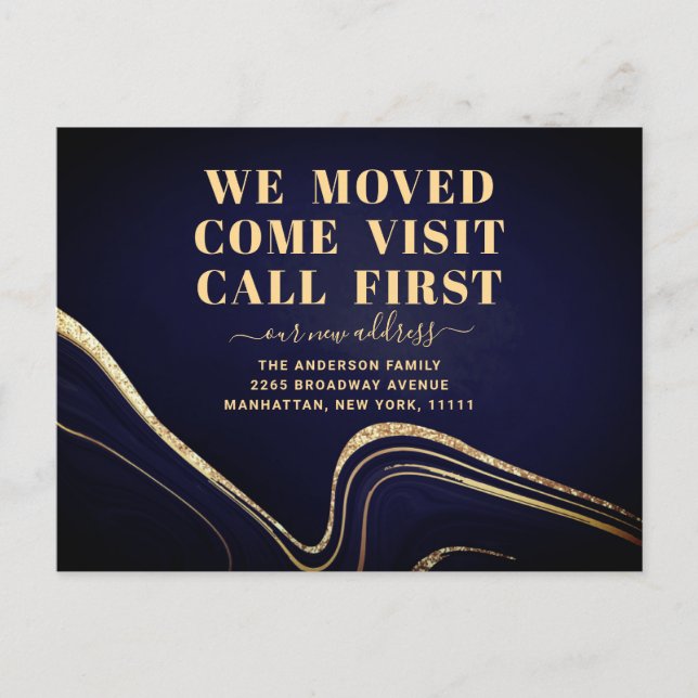 Gold Blue Marble New Address Moving Announcement Postcard (Front)