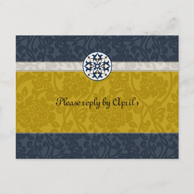Gold & Blue Mediaeval Brocade rsvp Invitation Postcard (Front)